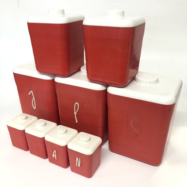 CANNISTER SET, 1950s Red w White Lid (Set of 9)